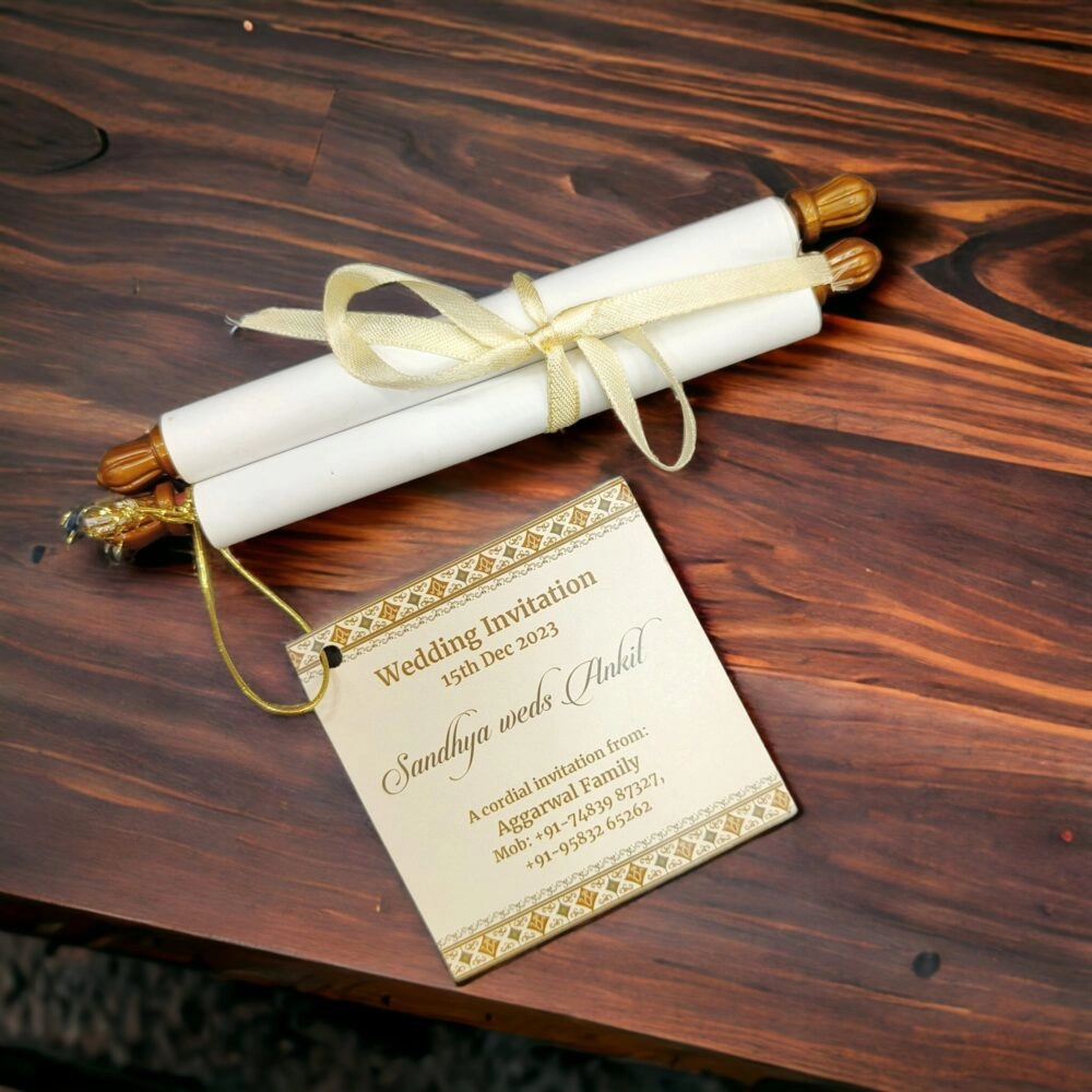 Paper scroll wedding card with tag thumbnail 2