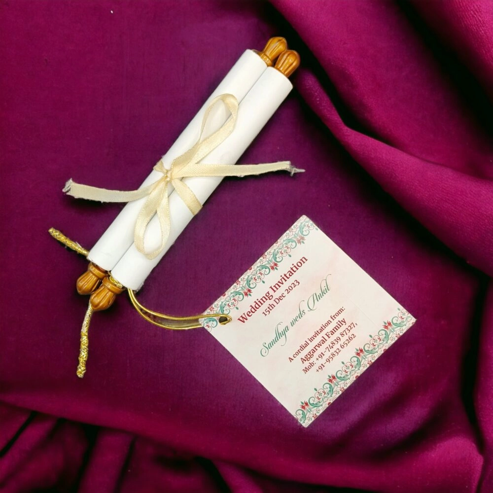Paper scroll wedding card with tag thumbnail 2