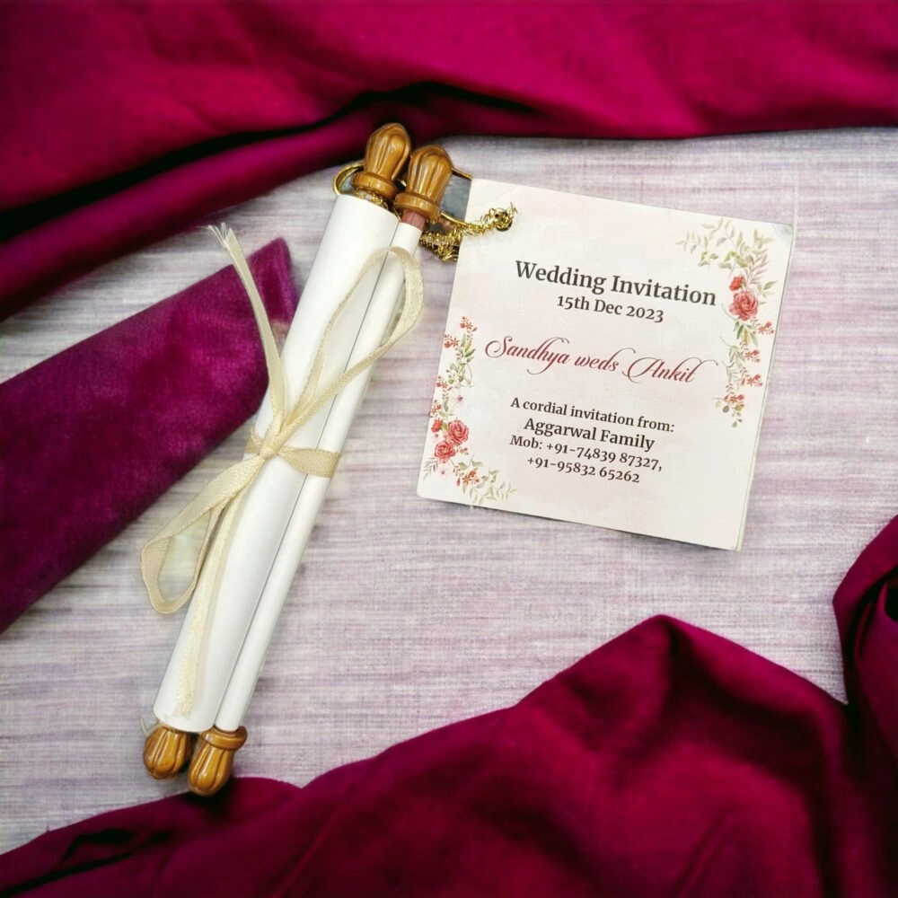 Paper scroll wedding card with tag thumbnail 2