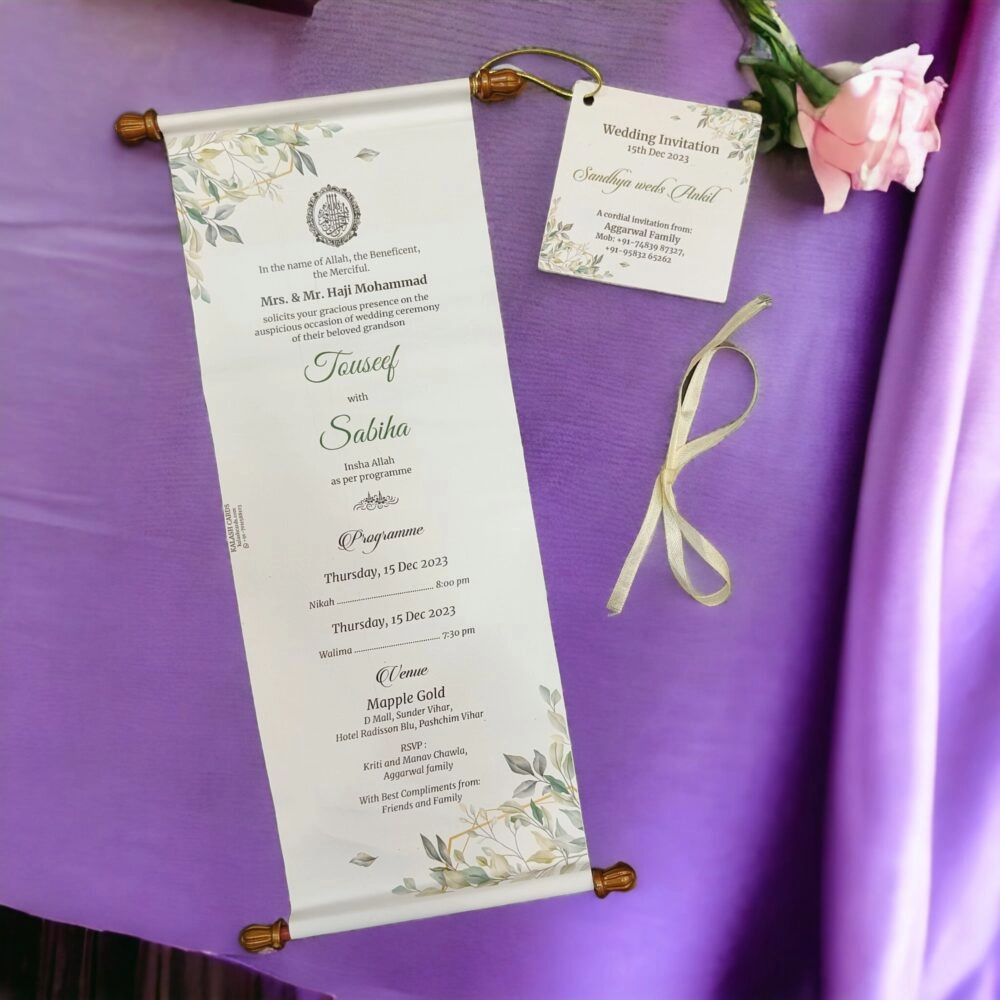 Paper scroll wedding card with tag thumbnail 2