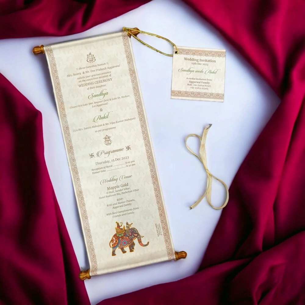 Paper scroll wedding card with tag thumbnail 2