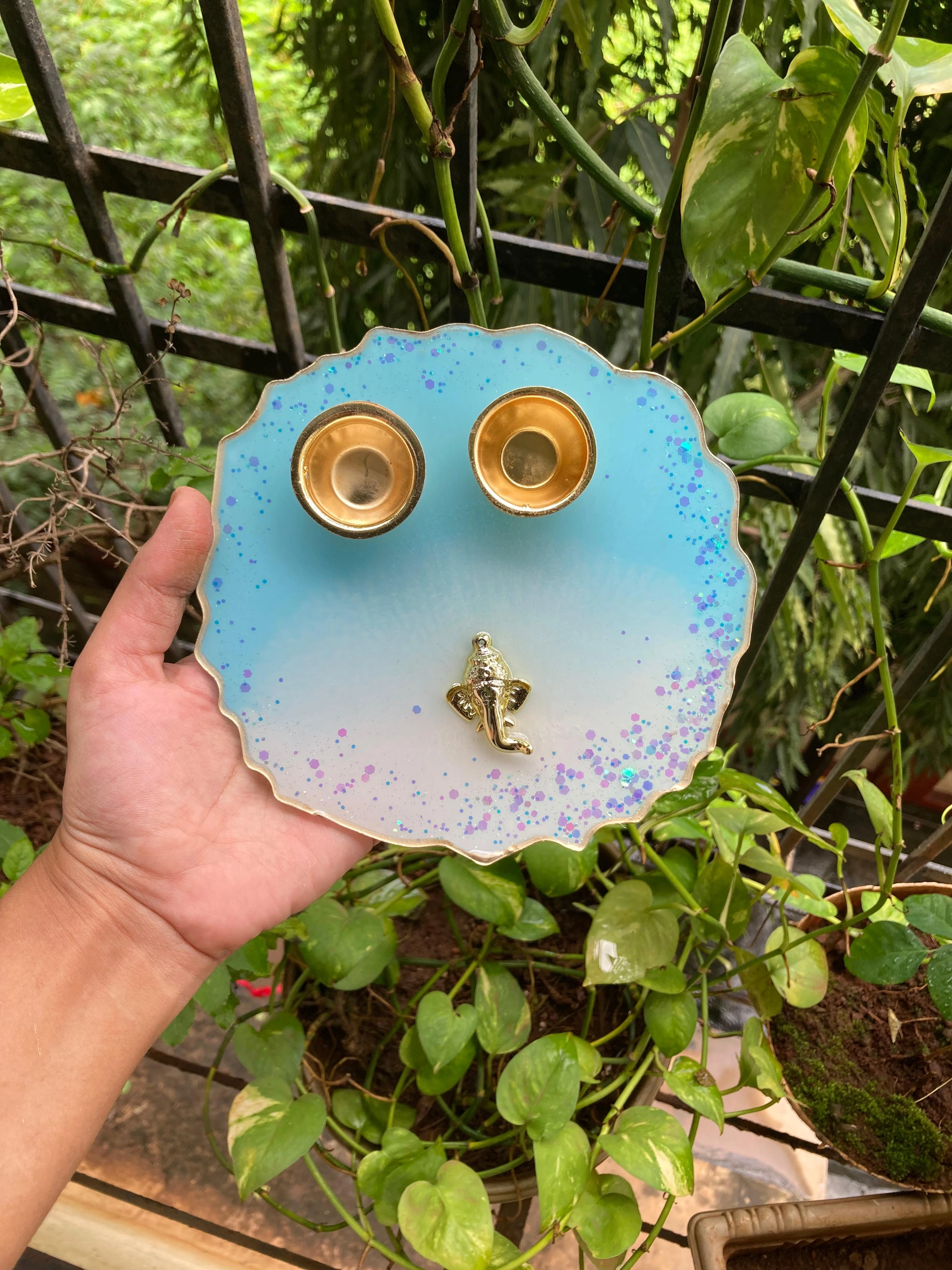 Handpainted 6" Pooja Thali with Ganesha & Diyas